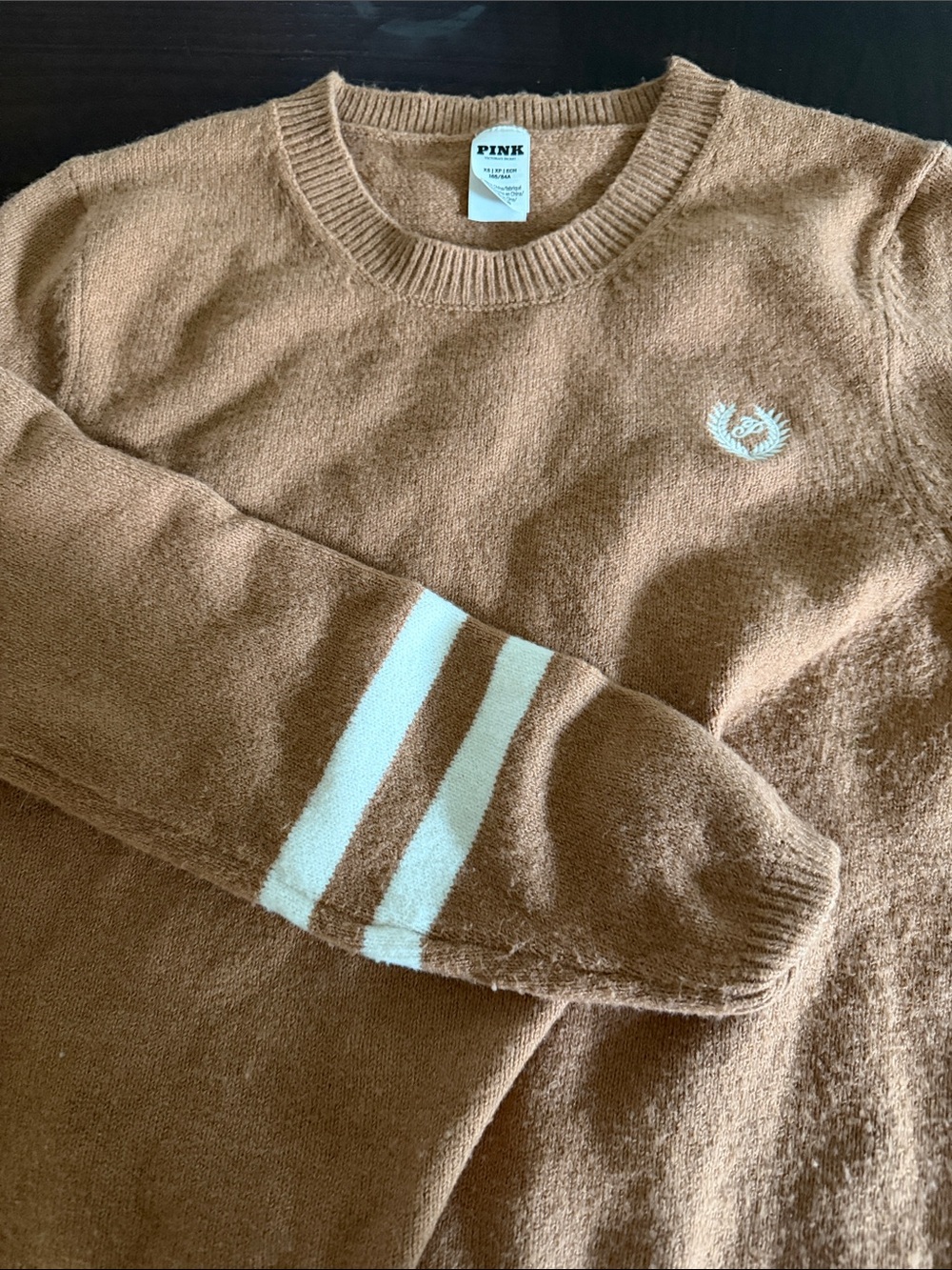 PINK Victoria's Secret Brown Crewneck Sweater with White Stripe Sleeve and Crest
